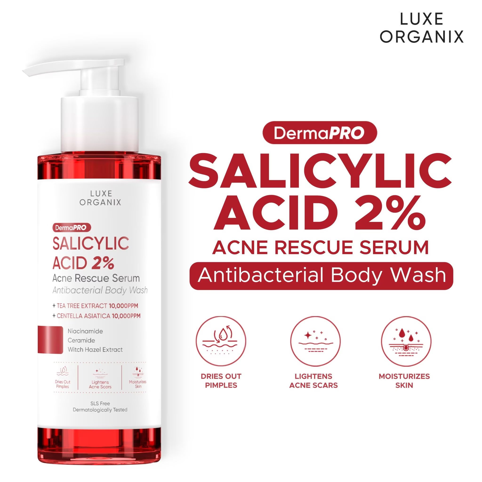 Luxe Organix DermaPro Salicylic Acid 2% Acne Rescue Serum Antibacterial Body Wash – 500ml